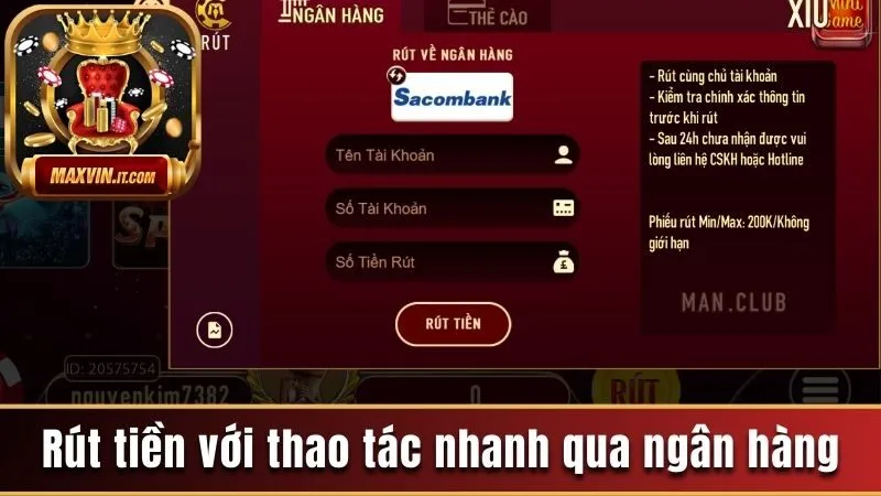 Rút tiền với thao tác nhanh qua ngân hàng